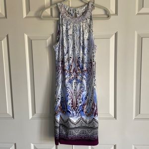 White House black market mini printed dress with beading around neck line